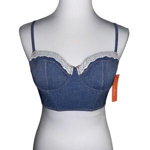 Colsie Denim Blue Longline Bralette with White Lace Trim